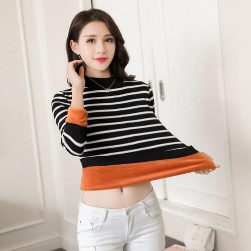 Abrini 2021Winter Warm Layers Tops Sweater Stripe Thermal Underwear Long Johns Women warm Sweater Velvet Pullovers Thick Women