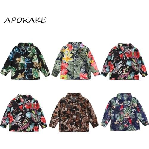2021 0-5Y Baby Boys Long-sleeved Shirt with Flower Pattern Printing Spring Fall Bohemian Casual Single-breasted Top Holiday
