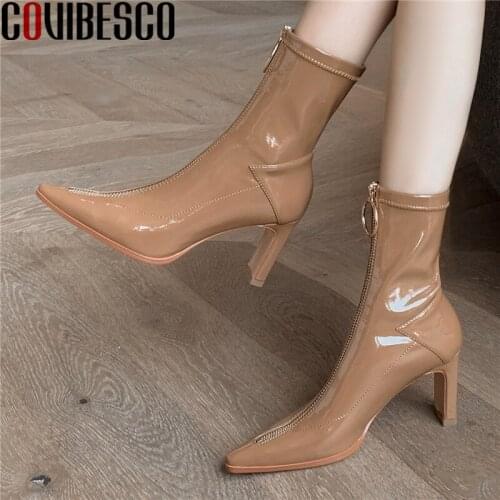 COVIBESCO Autumn Women Ankle Boots Fashion Concise Stretch Boots High Heels Pointed Toe Front Zipper Shoes Woman Autumn Office