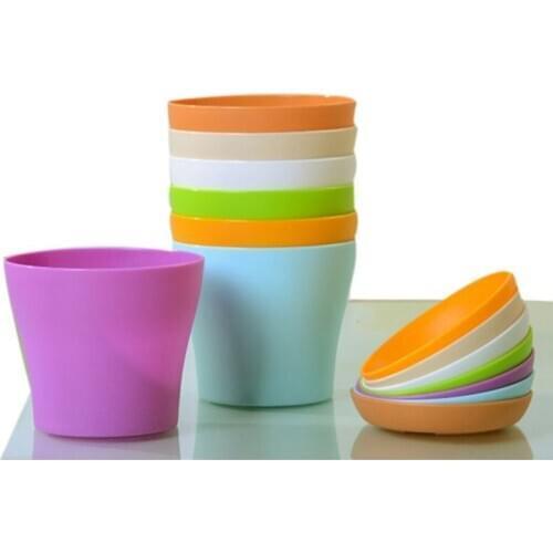 LBER 8 Pcs 4 inch Small Plant Pots Colorful Plastic Flower Pots Indoor Plant Pots for Office House Desk with Pallet/Trays (Blue