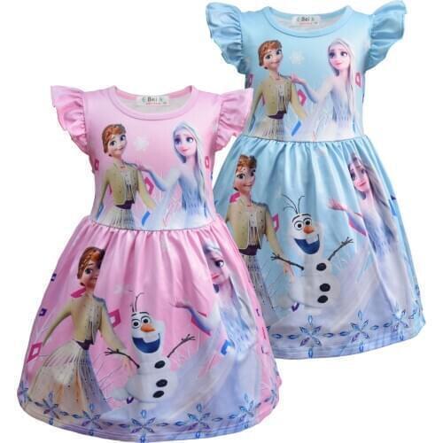 Girls Frozen 2 Dress Flying Sleeve Cartoon Print Aisha Anna Princess Dress Baby Girl Summer New Clothing