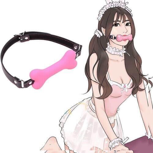 Adult Fetish Game Buckled PU Leather Belt Silicon Dog Bone Open Breathable Mouth Gag with Lock Sex Mouth Slave High Quality