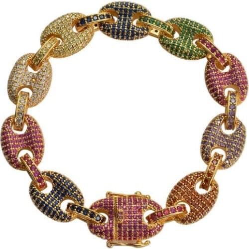 Hip Hip Jewelry Statement Mens 12MM Copper Coffee Bean Chain Micro Paved Colorful AAA+ Cubic Zirconia Stone Chain Bracelet