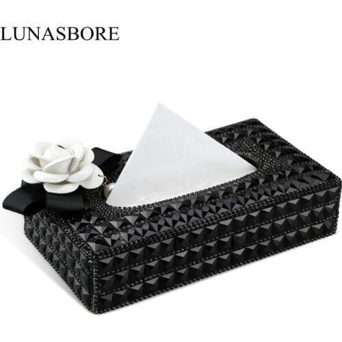 LUNASBORE Luxury Hand Made Diamante Diamond Crystal Tissue Paper Box Holder Black Flower Design Interior Accessories