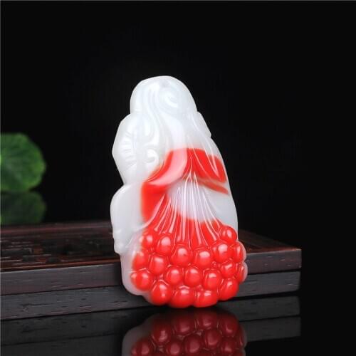 Natural Red White Jade Magnolia Flower Pendant Necklace Chinese Hand-Carved Charm Jewelry Fashion Amulet for Men Women Gifts