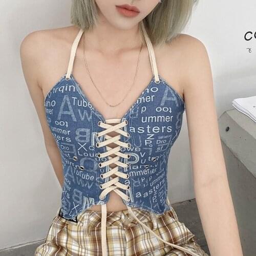 New product denim straps halterneck vest ins hot girl letter printing was thin lace-up hollow v-neck suspender top