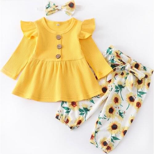 Autumn 3Pcs Newborn Baby Girls Clothes Set Fashion Long Sleeve Cotton Tops Floral Pants Headband Cute Infant Toddler Clothing
