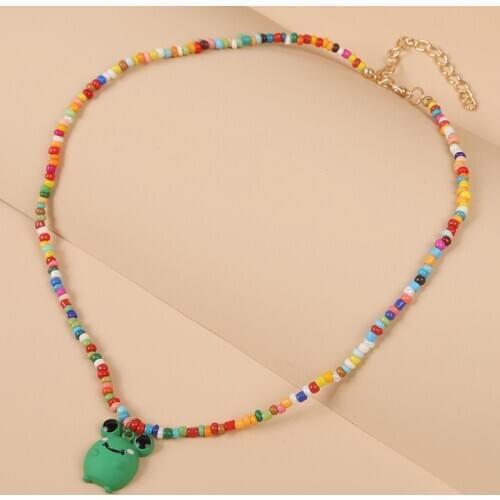 Fashion Multicolor Glass Beaded Chain Necklaces For Women Cute Cartoons Animal Frog Pendants Necklace Girls Gift Jewelry