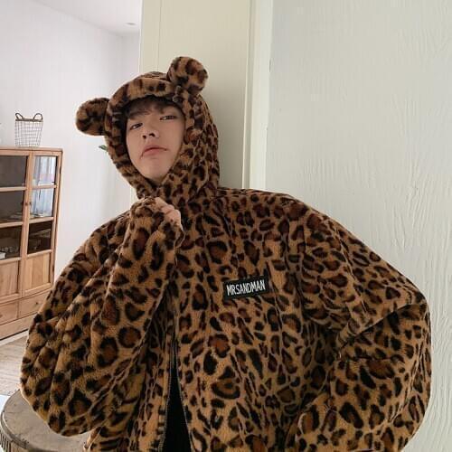 Mens Parka Jacket Autumn Winter Hoodies Leopard Print Harajuku Thick Warm Overcoat Mens Winter Jackets and Coats Hip Hop
