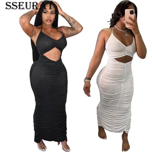 SSEURAT Women Dress Solid Spaghetti Strap V-neck Hollow Out Sheath Elastic Long Dresses Sexy Night Party Dress