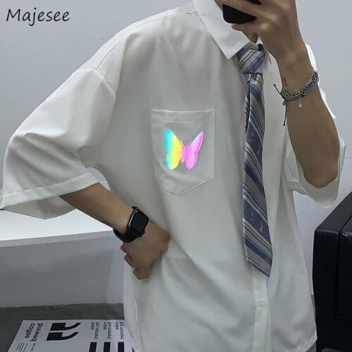 Reflective Print Shirts Men Summer Couples Ins Fashion Oversize Butterfly Half Sleeve Tops Male High Street Korean Chic Designer