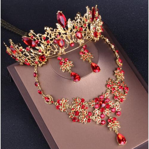 Baroque Vintage Gold Red Bridal Jewelry Sets Tiaras Choker Crystal Rhinestone Necklace Earrings Set Wedding Hair Accessories