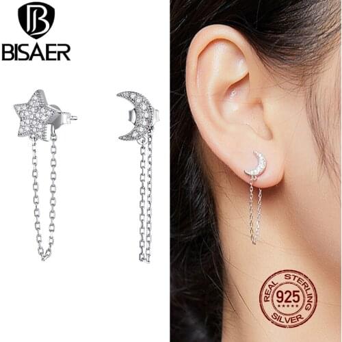 BISAER Chain Link Star Moon Drop Earring 925 Sterling Silver Zircon Long Link Dangle Earrings For Women Fashion Jewelry EFE385