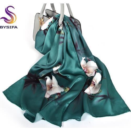 BYSIFA New Luxury Pure Silk Scarf Shawl Women Dark Green Floral Long Scarves Fashion Brand 100% Silk Neck Scarf Foulard 175*52cm