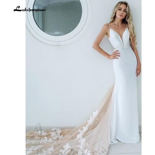 Elegant Deep V-Neck Mermaid Wedding Dresses 2021 Sleeveless Lace Vintage Civil Satin Bridal Gown For Women Backless trouwjurk