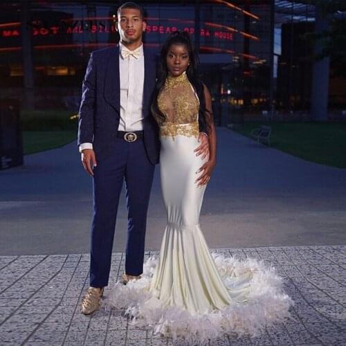 Sexy Halter Mermaid Feather Prom Dresses with Gold Appliques Backless Special Occasion Dress Plus Size Long Cocktail Gowns