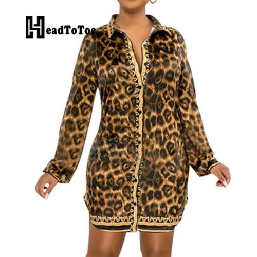 Leopard Print Long Sleeve Buttoned Casual Shirt Dress Women