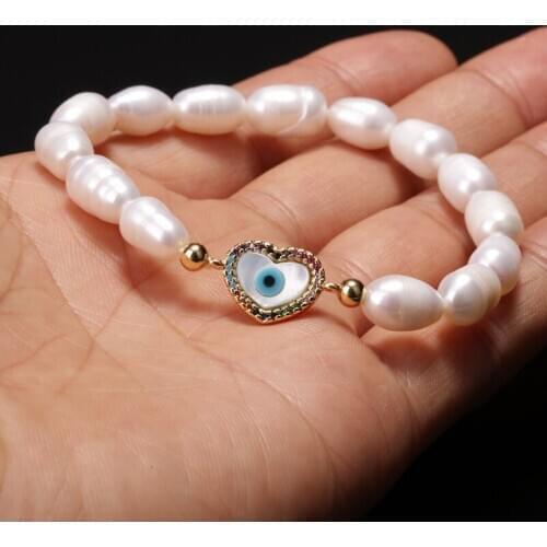 1pcs 5pcs Couple Natural Pure Freshwater Pearl Evil Eye Tag Stretch Bracelet Beaded Rainbow CZ Connector Charm Bracelet Bangle