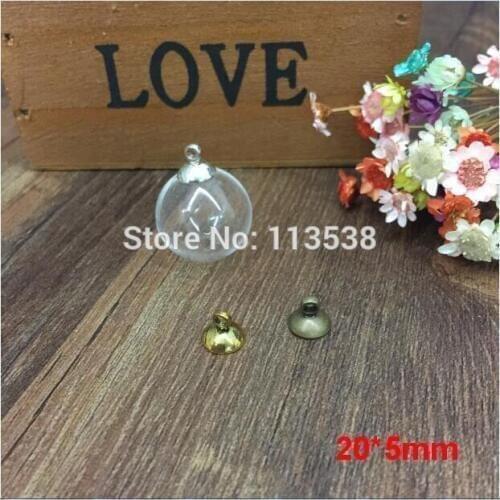30sets/lot 20mmx5mm(opening) clear ball sharp glass globes orbs bubble & 8mm cap with ring set DIY Glass bottle vial pendant