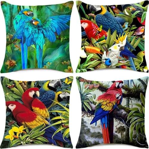 3D Stereo Parrot Bird Cushion Covers Feather Tropical Tree Linen Beige Pillow Case Bedroom Sofa Decor