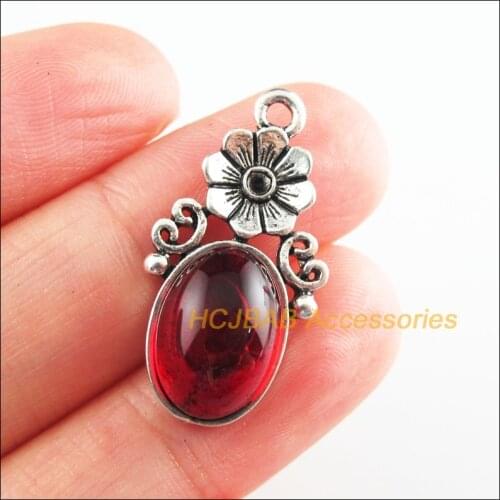 8 New Ellipse Charms Red Glaze Flower Pendants Tibetan Silver Tone 15x29mm