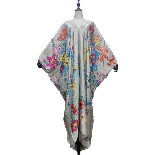 Abaya Muslim 2021 Traditional Floral Bohemian Summer Silk Kaftan Dress Free size V-neck loose Batwing Sleeve Kaftan Dresses