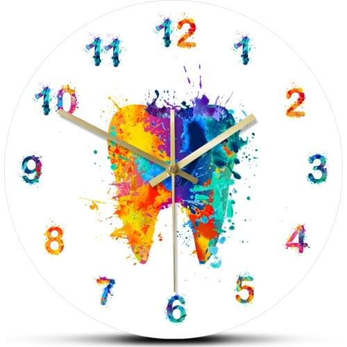 Watercolour Tooth Wall Clock Modern Design Medical Dental Clinic Wall Colck Battery Operated 12 Inch Orthodontist Dentist Gift