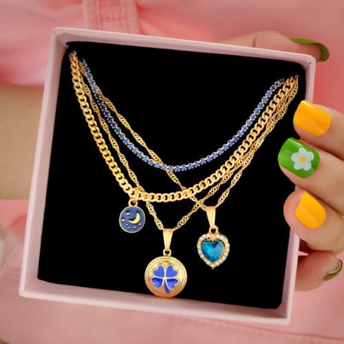 Bohemia Multilayer Blue Moon Star Pendant Necklaces Heart Crystal Tennis Chain Choker Necklace For Women 2021 New Party Jewelry