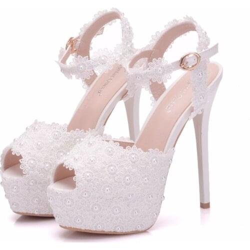 Crystal Queen Womens Fashion Lace High Heels Sandals Sexy Platform Party Women Sandals Spring Summer Shoes Woman White Pumps