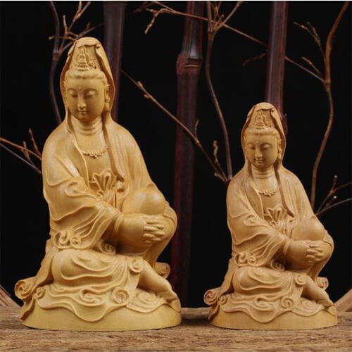 Wooden Crafts Boutique Decoration Buxus Wooden Buddha Guanyin Bodhisattva Comfortable Buddhist Home Putting Decoration