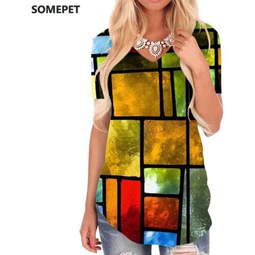 SOMEPET Geometry T Shirt Women Colorful Tshirts Printed Pattern Funny T shirts Art V-neck Tshirt Womens Clothing Hip hop Printed