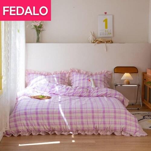 Four-piece set on washed cotton bed Plaid Korean style yarn-dyed quilt cover Sheet lace three-piece student bedroom set
