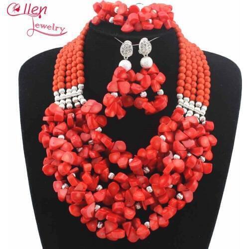 New Fashion African Beads Jewelry Set Chunky Beaded Necklace Set Orange Coral nigerian wedding bridal beads Jewelry W13036