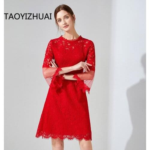 Red stitching lace dress European and American spring and Autumn Wedding Toast versatile size a bridal dress
