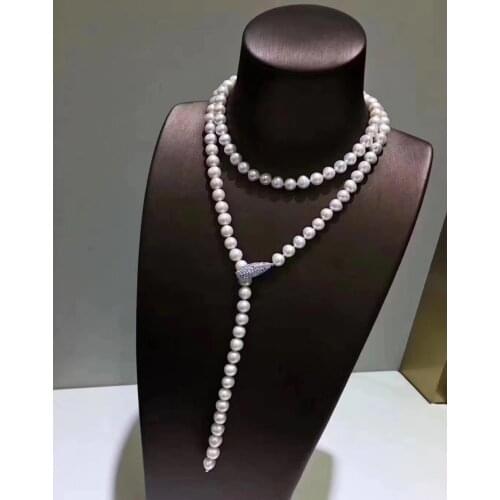 Free shipping 45cm 8-9mm White Pearl CZ Necklace Pendant 925 silver micro inlay zircon clasp accessory jewelry