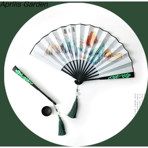Kunlun Hand Chinese Decor Fan TV Props Silk Fan Folding Mens Bamboo Handicraft Handheld Fan Hanfu Abanico De Mano Cosplay