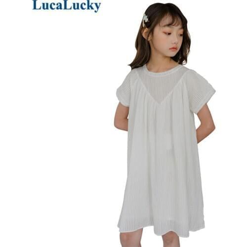 LucaLucky Summer 2021 Teenage Girls Lace Hollow Out Dresses Children White Princess Clothing Kids Party Dress Girl Age 4-16 Y