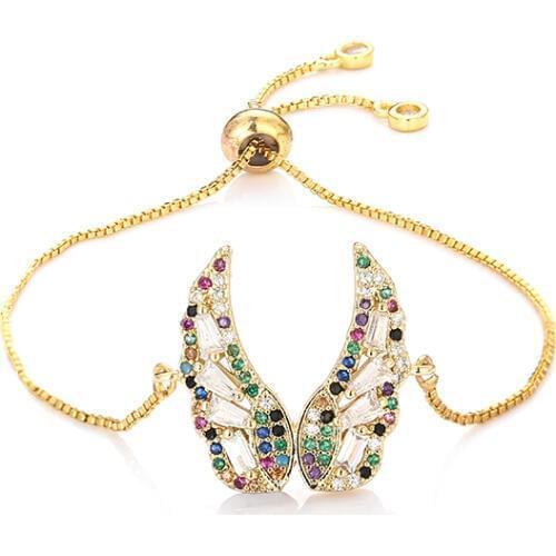 Fashion womens rainbow wing jewelry gold cz colorful zircon bracelet bangle adjustable chain bracelet for women