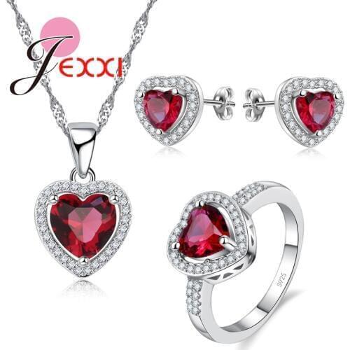 Fashion 925 Sterling Silver Jewelry Set Romantic Woman Valentine Gift Zircon Crystal Red Heart Necklace + Stud Earrings + Ring