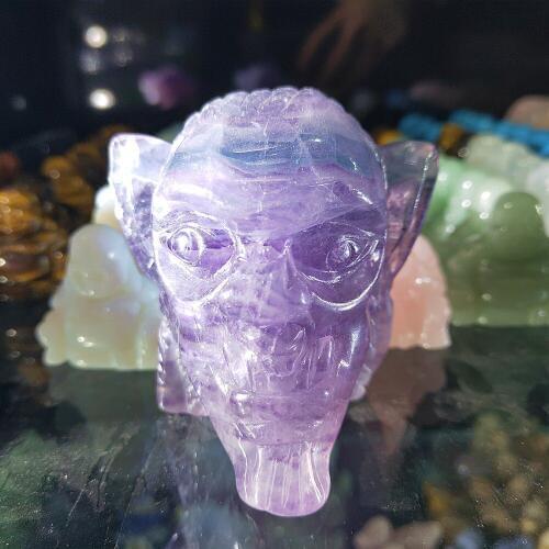 Natural purple flourite quartz Crystal hand Carved Skull Gem stone beast of the skull Healing Decor 300g