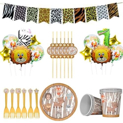 Cute Cartoon Jungle Animal Series Paper Plates Cups Napkins Disposable Tableware Set Kids Birthday Party Supply Decorations