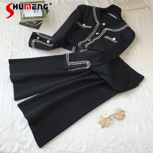 Solid Color Loose Casual Knitted Pleated Two-Piece Set for Female 2021 Autumn New Round Neck Cardigan Wide Leg Pants Suit Ladies