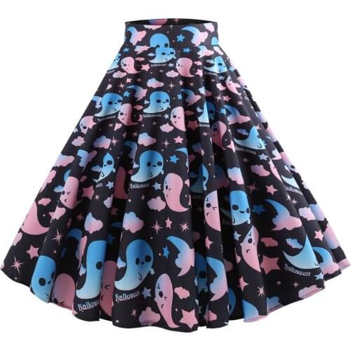 Autumn Christams Style Women Midi Skirt 2020 New Hot Black Cartoon Retro Ghost Print All-match Folds Robe Xmas Party Chic Skirts