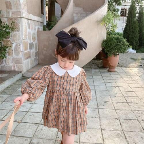 Autumn Winter 2021 New Girls Dress Long Sleeve Peter Pan Collar Plaid Cute Sweet Girls Baby Vestidos 2-6T