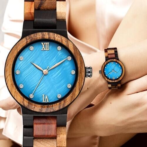 Unique Sapphire Blue Face Wooden Watches Handmade Full Wooden Band Quartz Watch Womens Watches Ladies Dress Clock Reloj Mujer