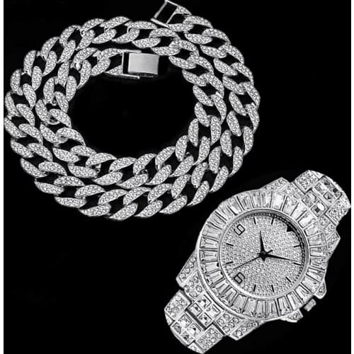 Hip Hop Rapper Iced Out Watch for Men Women Iced Out Paved Rhinestones Miami Curb Cuban Chain CZ Bling Necklaces for Men Jewelry