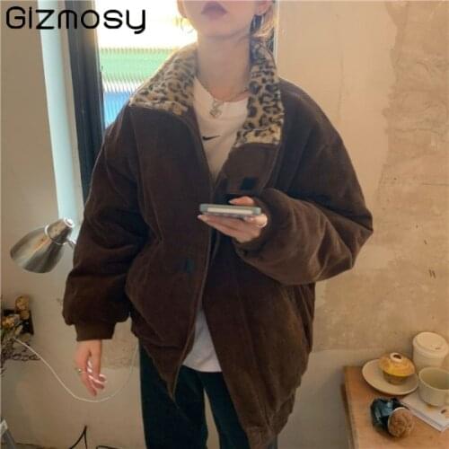 Gizmosy Retro Corduroy Thick Cotton-padded Jacket 2021 Winter Leopard Patchwork Women Coat Female Outwear Warm Loose Casual Tops