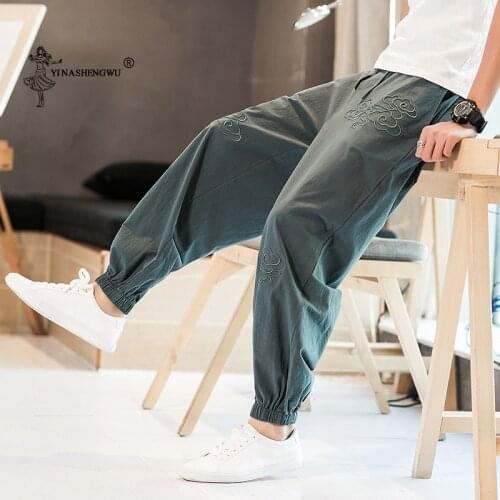 Japanese Casual Kimono Men Pants Loose Harajuku Trousers Japan Traditional Asian Yukata Style Embroidered Harem Costume Clothes