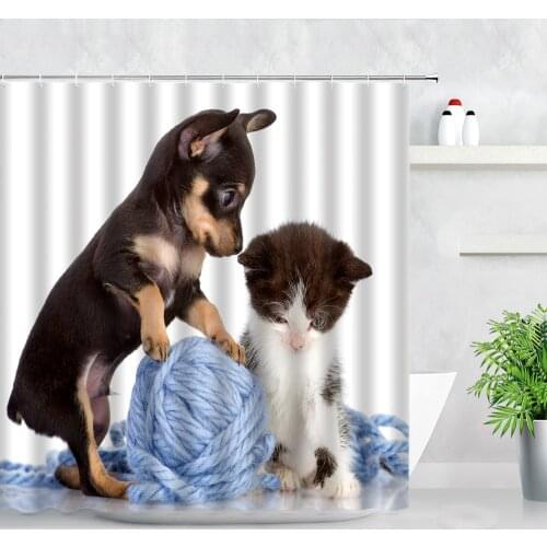 Cute Cat Dog Shower Curtains Blue Thread Chihuahua Pet Funny Animals Decor Waterproof Fabric Bathroom Curtain Hooks Bath Screens