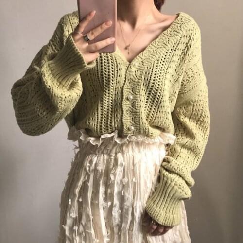 2021 Spring Knitted Sweater Women Short Cardigan Vintage Hollow out Long Sleeve V neck Short Sweater Cardigans Female Loose Coat